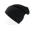 A black beanie with a slouchy design, featuring a subtle logo on the side.