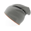 A grey beanie with an orange trim, featuring a relaxed fit and a slight slouch design. It has a logo.