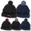 A collection of Pom Pom Beanies in navy and black, featuring a textured design and logos on the front.