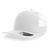 A white trucker cap featuring mesh panels and a curved brim. Includes a logo on the side.