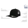 A black trucker cap with a structured front panel and mesh back, featuring a branded logo and PVC closure.