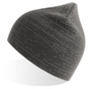 A grey beanie with a textured pattern and a pointed top. It features a logo on the side.