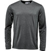 A long-sleeve T-shirt in a dark grey colour, featuring a simple design and a logo on the label.