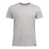 A grey crew neck T-shirt with short sleeves, featuring a small logo on the hem.