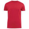 A red crew neck tee featuring short sleeves and a blank front, with a branding logo at the bottom.
