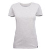 A light grey women's crew neck t-shirt with short sleeves and a logo at the hem.