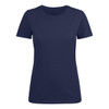 A navy women's crew neck t-shirt featuring short sleeves and a logo on the side.
