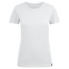 A white women's crew neck t-shirt featuring short sleeves and a logo.