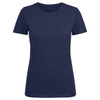 A navy blue women's crew neck tee, featuring short sleeves and a simple design, with a logo on the side.