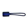 A navy and black zip puller with a long handle, featuring a rectangular shape. It includes a branding logo.