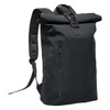 A sleek black Sargasso Backpack featuring a roll-top design and a side zip pocket, with padded shoulder straps.