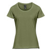 A green women's short sleeve tee with a round neckline and a logo on the label.