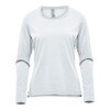 A light grey long sleeve tee with a round neckline. The shirt has a simple design and features a logo.