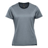 A grey women's short sleeve performance tee with a fitted design and a logo on the front.