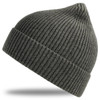 A grey ribbed beanie featuring a logo, designed with a pointed top for added style.