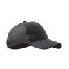 A black trucker cap featuring a solid front and mesh back, complete with a branding logo.