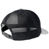 A trucker cap featuring a black mesh back and a grey front panel. It has an adjustable strap.