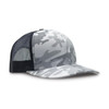 A grey camo trucker cap featuring a mesh back and a curved brim, with a branding logo on the front.