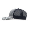 A trucker cap featuring a grey and white snow camouflage pattern, with a black mesh back and a curved peak.