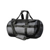 A waterproof duffle bag in dark grey, featuring sturdy handles, a detachable strap, and a logo.