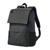 A black laptop backpack featuring a flap, adjustable straps, and a side pocket. It has a branded logo.