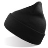 A black beanie with a pointed top made from recycled polyester, featuring a logo.