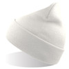 A white beanie made from recycled polyester, featuring a ribbed design and a branded logo.