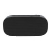 A Bluetooth speaker in black featuring a sleek design and side control buttons. It has a subtle logo on the surface.