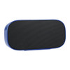 A blue Bluetooth speaker with a black mesh front, featuring a simple design and a logo on the side.