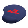 A solid navy gel mouse pad with a wrist rest and a red logo on the surface.