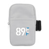A drink bottle pouch in light grey with a zip closure and a logo, featuring a black strap on one side.