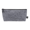 A grey felt zippered pouch with a black zipper and a small logo tag on the side.