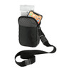 A black grid-patterned phone pouch with an adjustable strap, featuring a clear pocket for cards or ID.