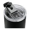 A drink bottle in matte black with a clear lid featuring a sliding closure and a built-in straw.