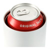A drink bottle with a sleek white exterior, featuring a red beverage can inside, topped with a pull tab.