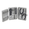 A grey 26-piece deluxe tool kit featuring various tools, including pliers, screwdrivers, and sockets, in a compact case.