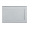 A grey tool kit with a textured finish, featuring a transparent window. It has a logo on the front.