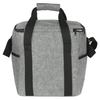 A drink bottle cooler bag in grey felt with black straps and zippered closure, featuring side pockets and a top handle.