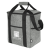 A drink bottle cooler bag in grey felt with dual black handles and an exterior pocket. Features a logo on the front.