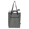 A grey cooler tote bag with a water bottle, a plate, and a checkered cloth visible inside. Features a front zip pocket.