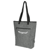 A grey cooler tote bag with black straps, featuring a front zip pocket and a logo. Suitable for carrying drinks or snacks.