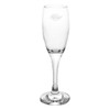 A clear glass champagne flute with an elegant stem and base, featuring a logo at the top.