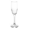 A clear glass champagne flute with a tall stem and a wide base, designed for serving sparkling beverages.