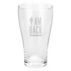 A clear glass beer schooner with a tapered design. It features a logo near the top.