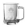 A clear glass beer mug with a sturdy handle and a subtle logo on the front.