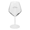 A wine glass with a large bowl and a slender stem, featuring a logo. Clear glass with a classic design.