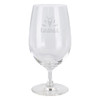 A clear glass beer glass with a round bowl and a slender stem. Features a logo on the front.