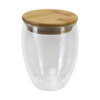 A drinkware product featuring a clear double wall glass cup with a bamboo lid, 350ml capacity.