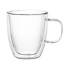 A double-walled clear glass cup with a handle, designed for beverages, showcasing its sleek, modern design.