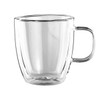 A double wall glass cup in clear glass with a curved shape and a handle, featuring a minimalist design.